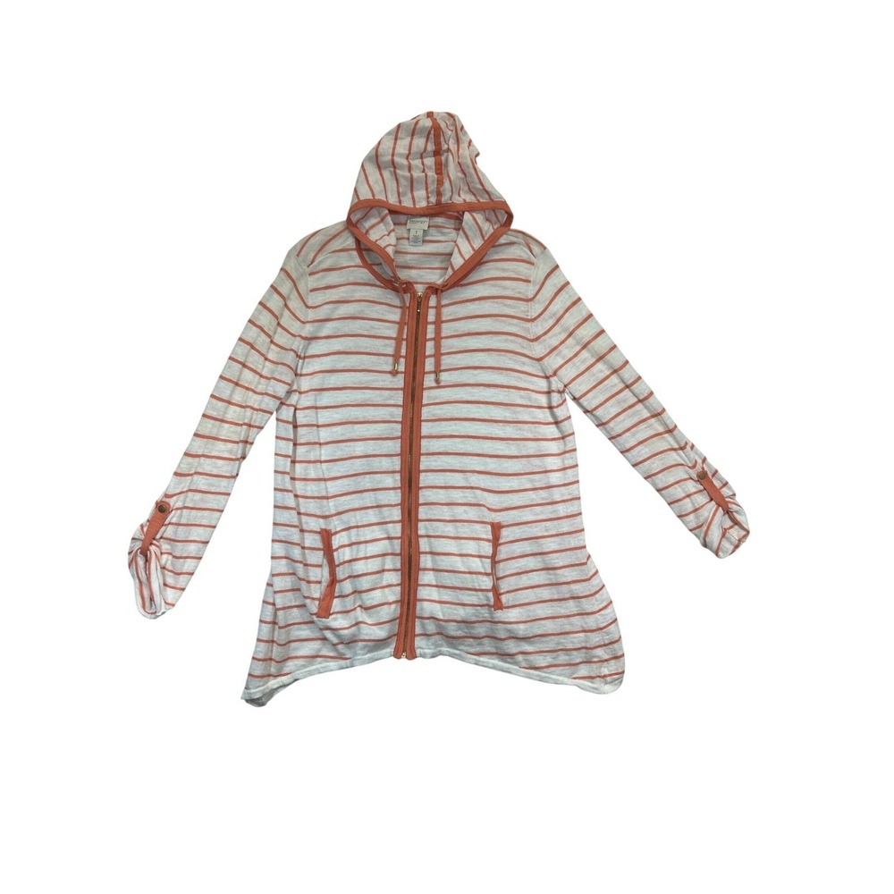 Zenergy by Chico's Jacket Womens Sz 1 Orange Stripe Hoodie Full Zip Lightweight‎